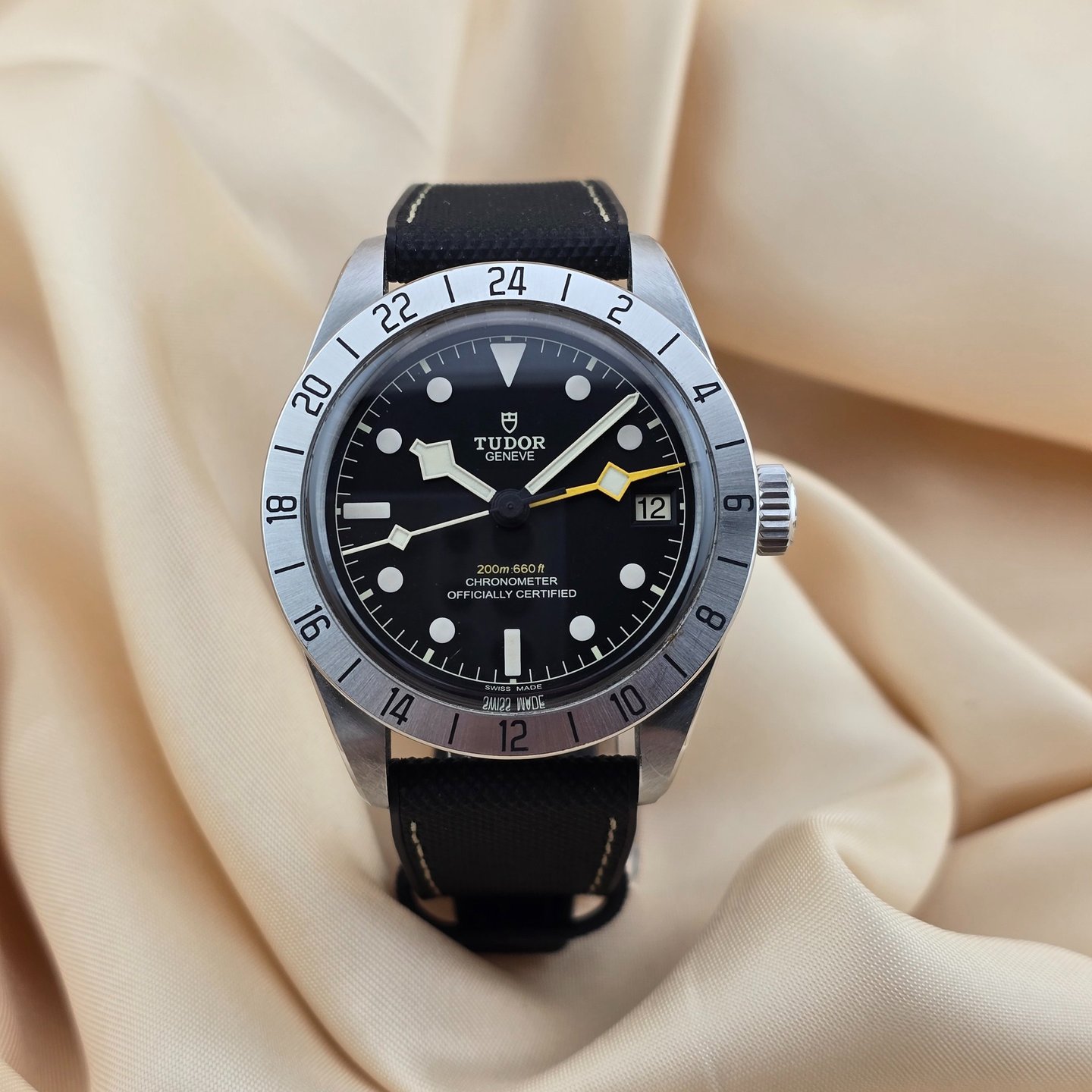 Tudor Black Bay Pro watch with vulcanised rubber strap and stainless steel case