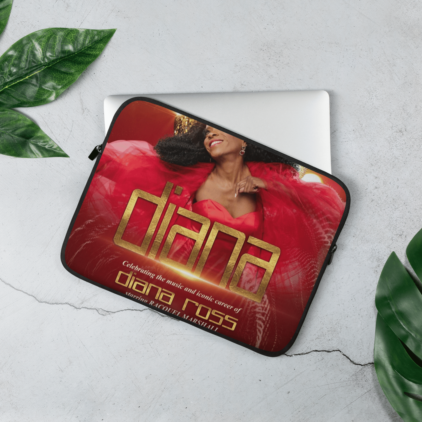 a laptop case with a picture of a woman in a red dress