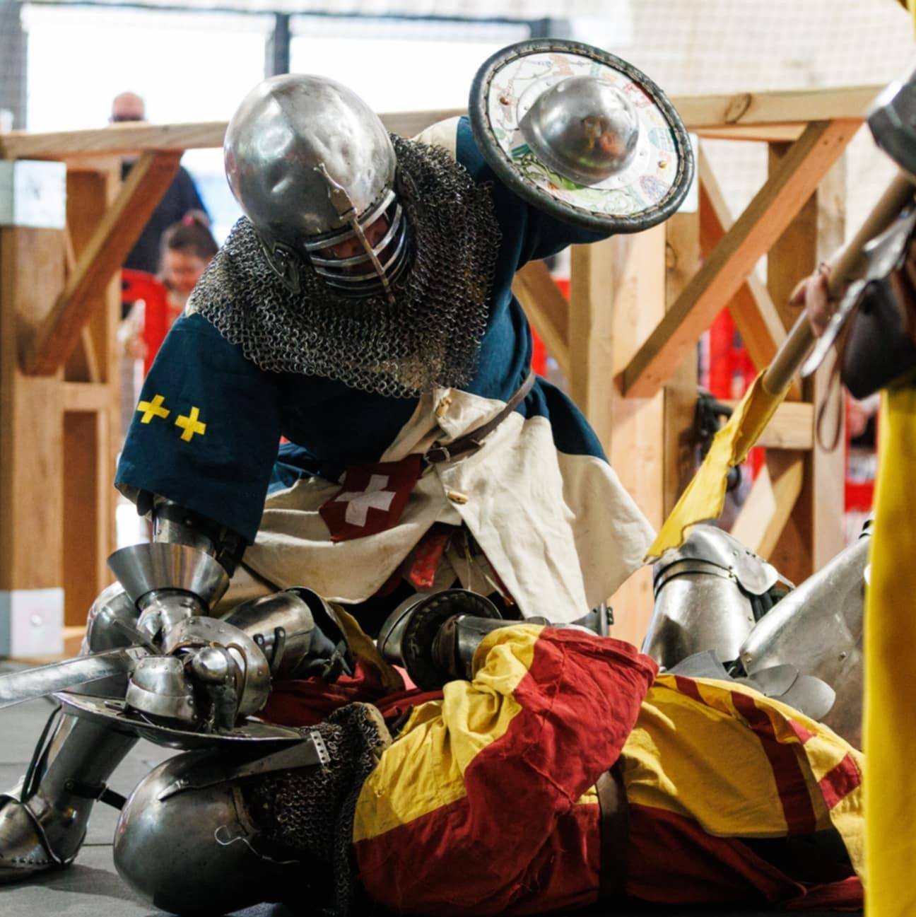 Combat de béhourd dont les adversaires portent des tabards à personnaliser