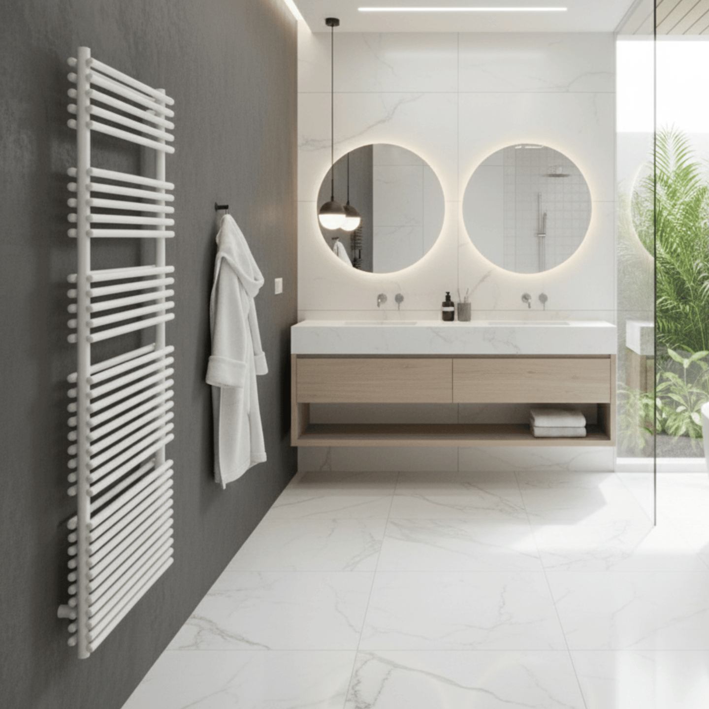 A high output towel rail set in a stunning luxury modern bathrooms