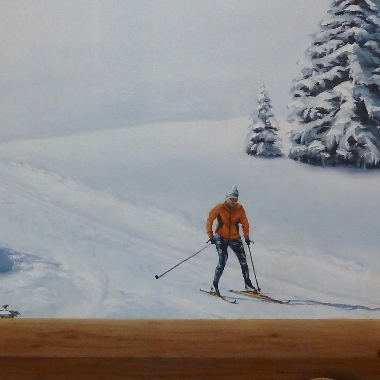 Détail d'une peinture décorative: un skieur (ski de fond) dans le Haut-Jura. Lajoux, Jura, 39.