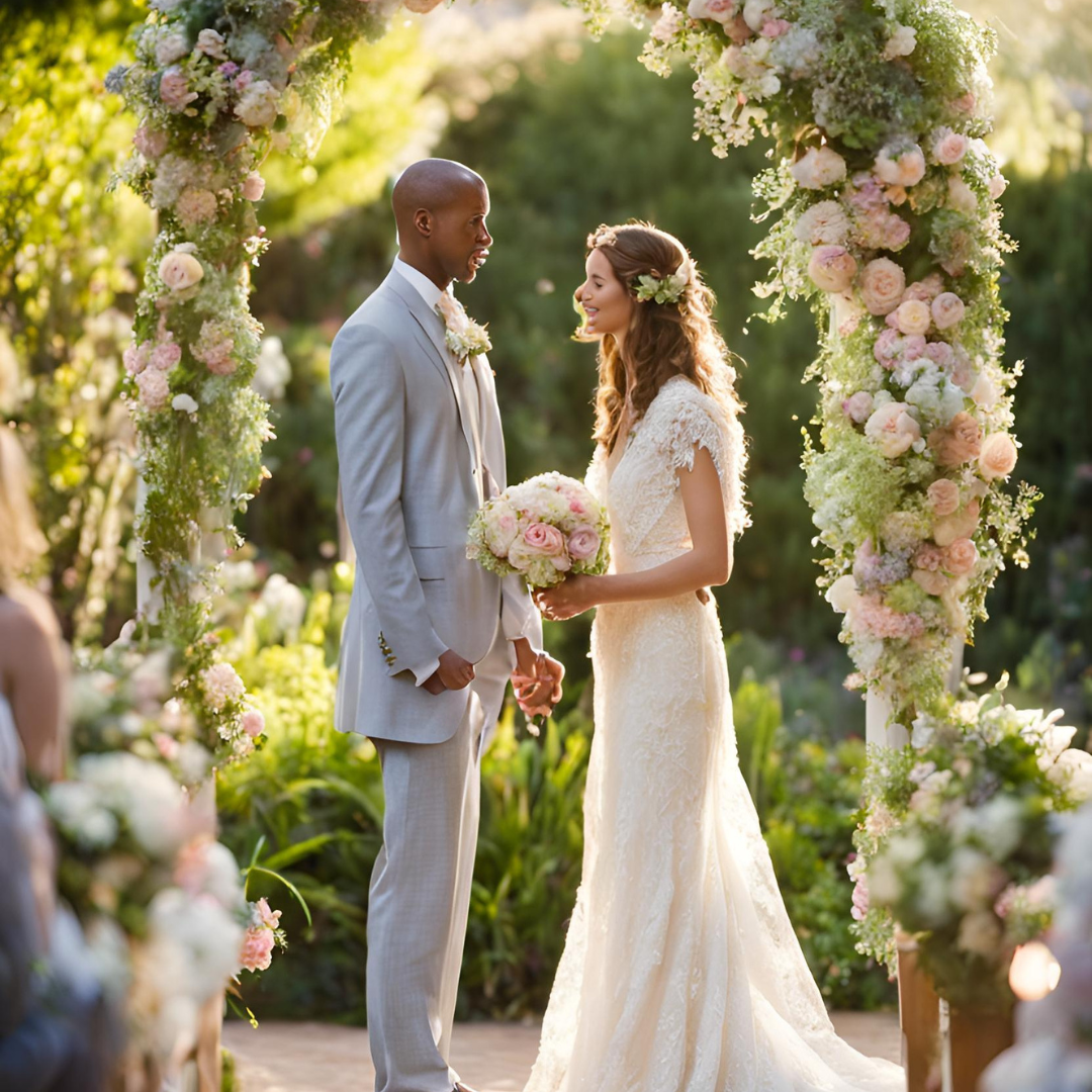 a bride and groom standing in front of a wedding ceremony theme Bridgerton