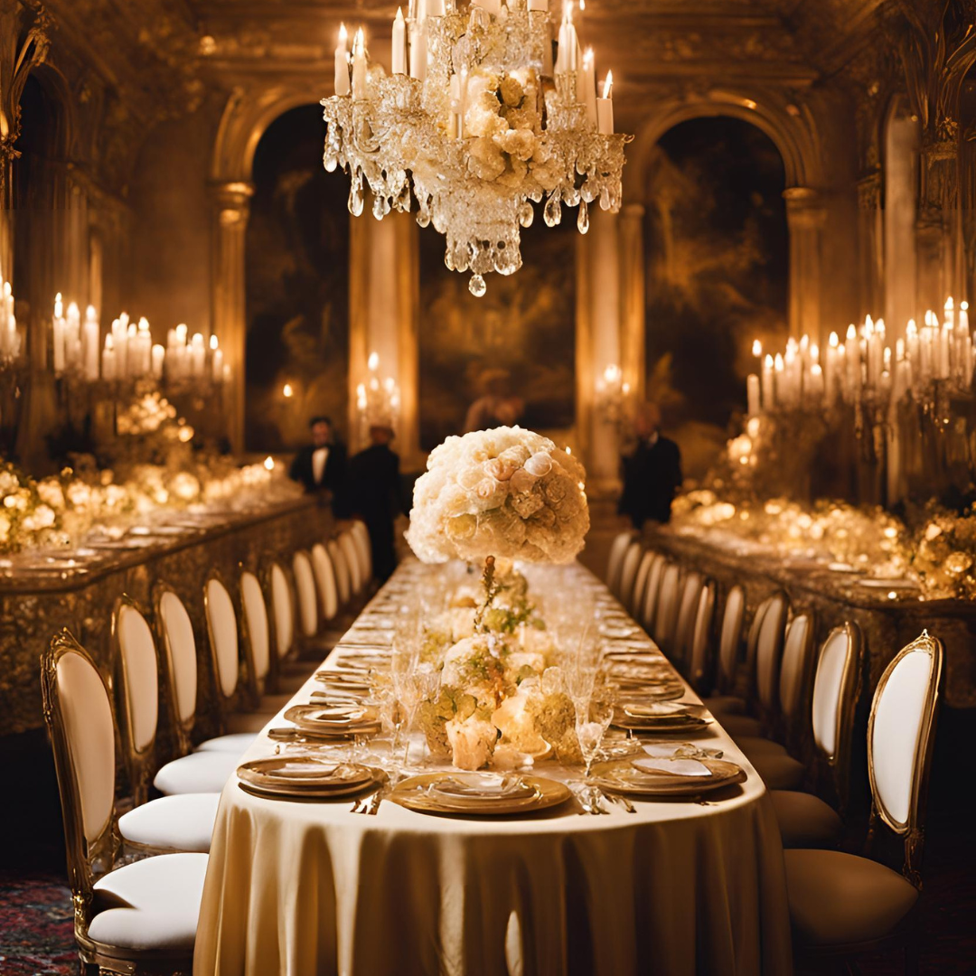 table de reception glamour nappes dorees assiettes rococo