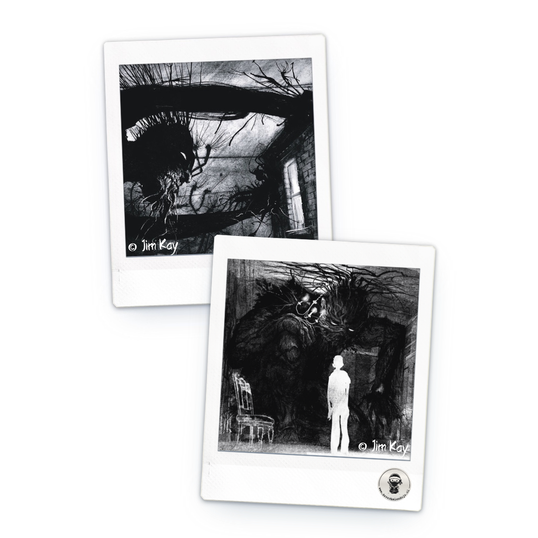 Twee polaroids met illustraties van Jim Kay uit het boek twaalf minuten na middernacht