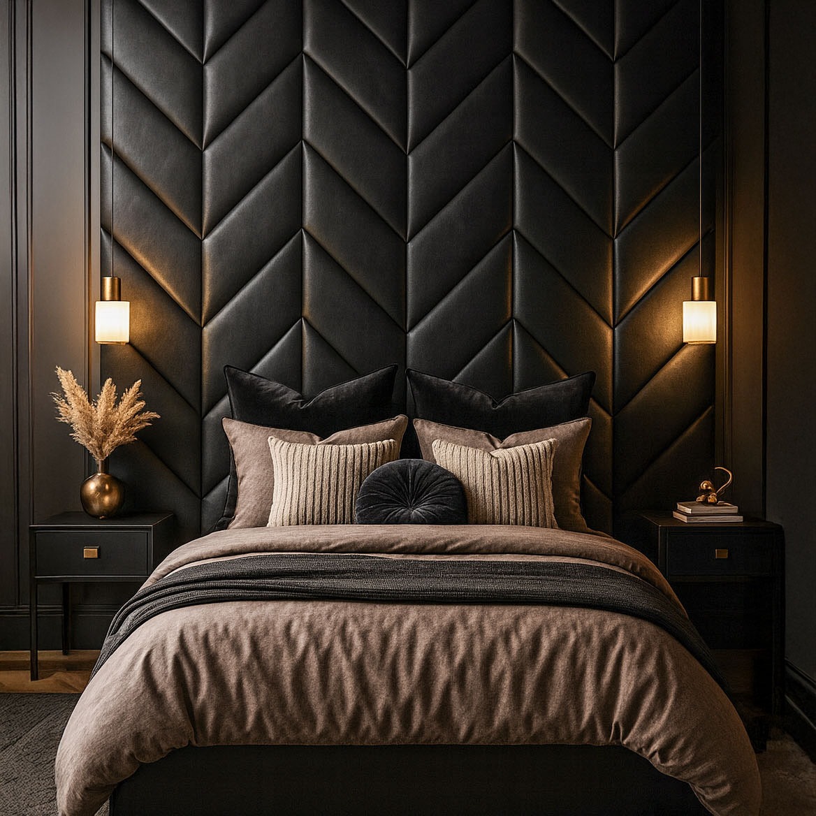 Moody modern bedroom with a black textured chevron accent wall, upholstered bed, and layered neutral bedding.