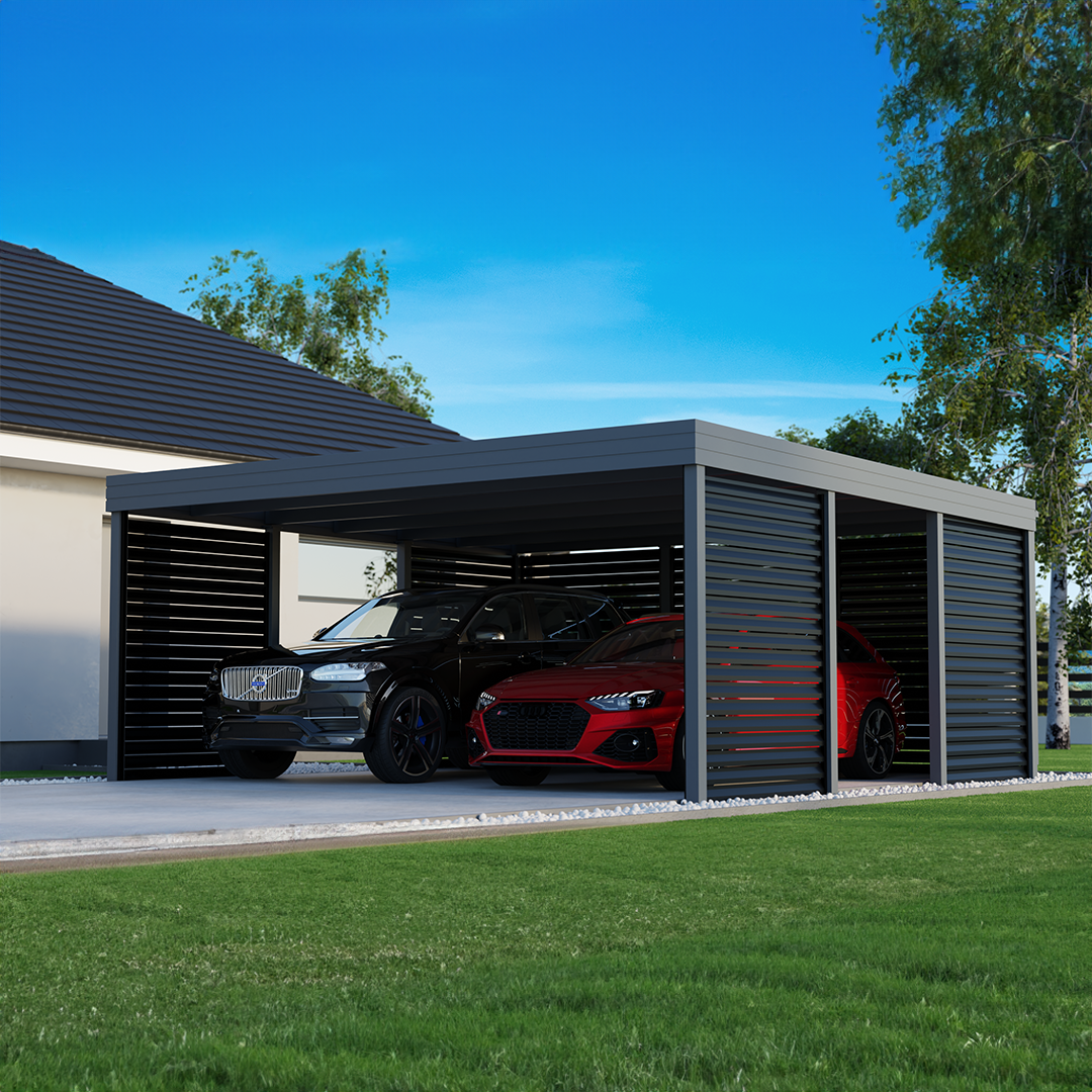 Nowoczesna wiata samochodowa dwustanowiskowa z czarnymi żaluzjami