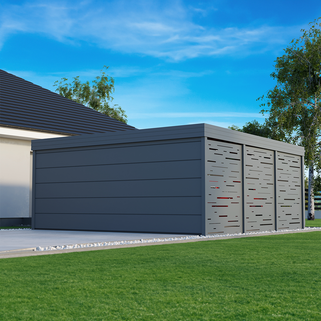 Nowoczesna wiata samochodowa dwustanowiskowa z bramą garażową