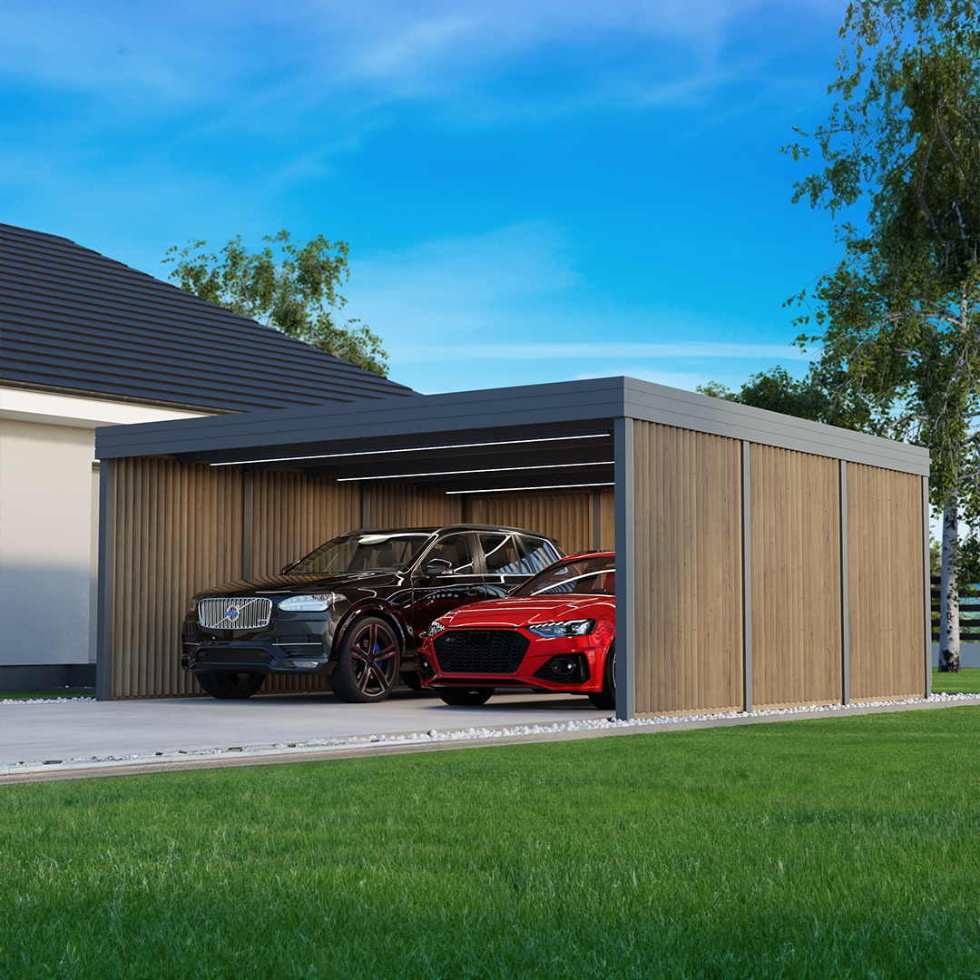 Nowoczesny carport samochodowy dwustanowiskowa z żaluzjami pionowymi