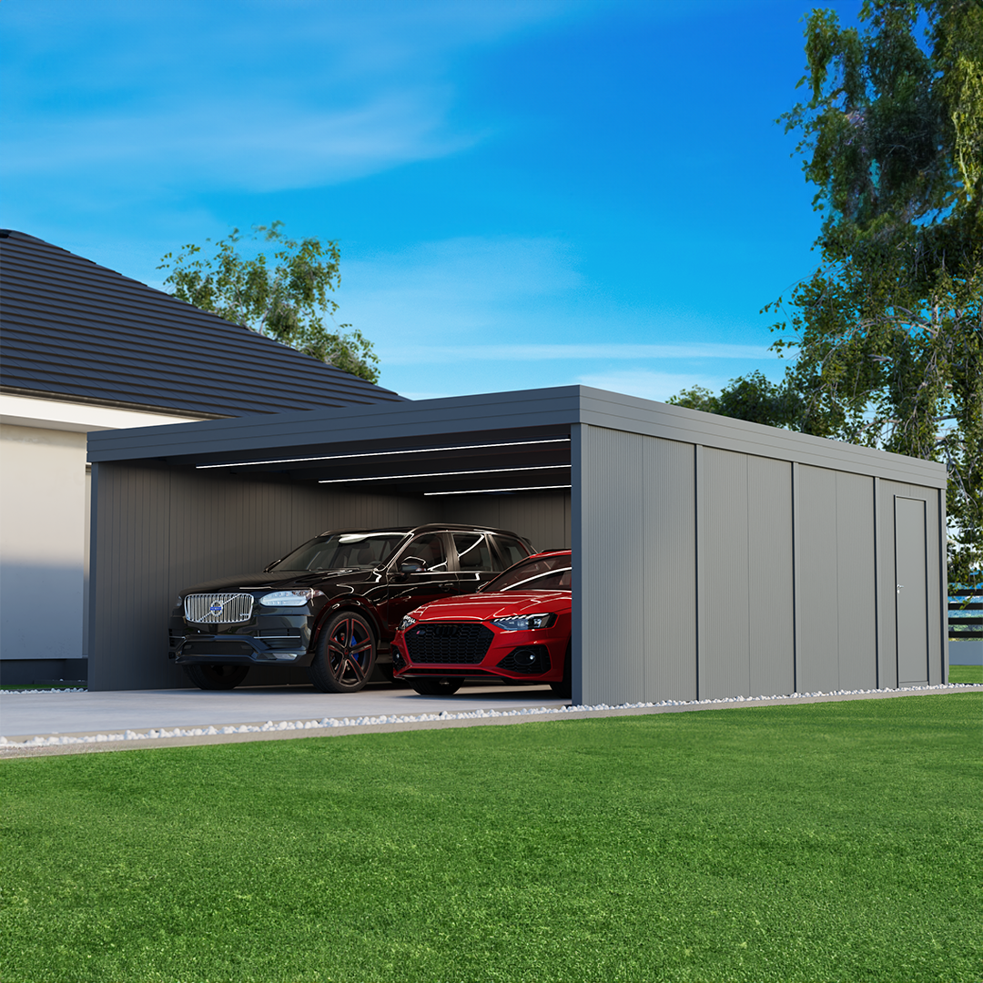 Nowoczesna wiata samochodowa dwustanowiskowa z pomieszczeniem gospodarczym