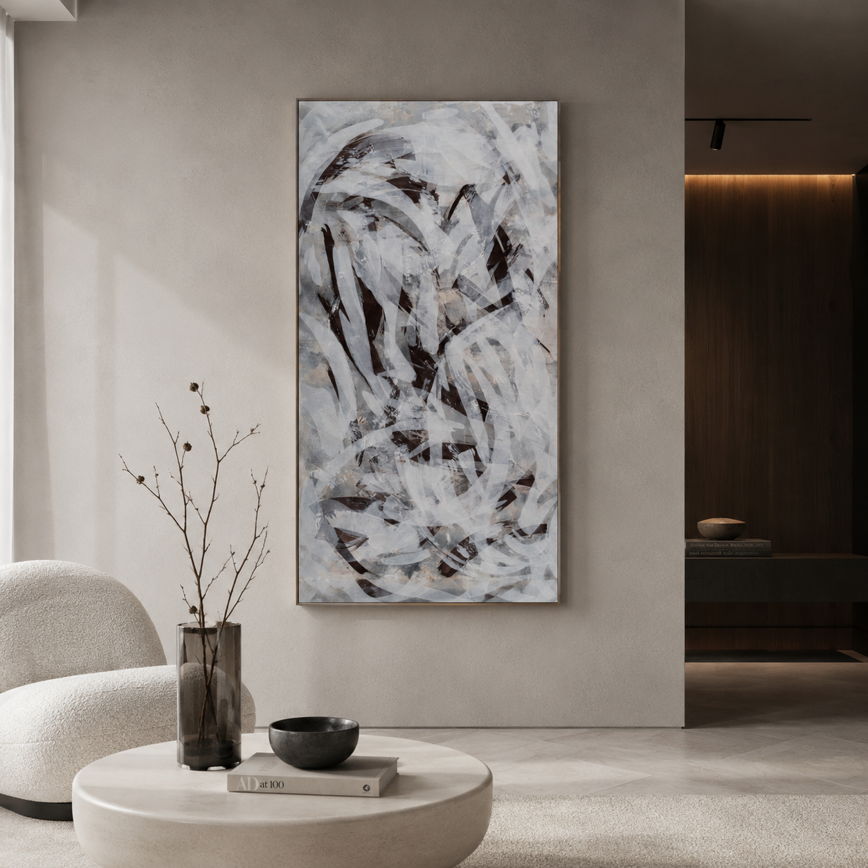 Large abstract wall art with white and brown brushstrokes in a minimalist modern living room interior.