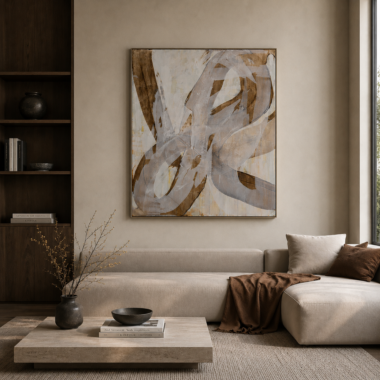 Modern minimalist living room featuring a neutral sectional sofa, stone coffee table, and large abstract wall art.