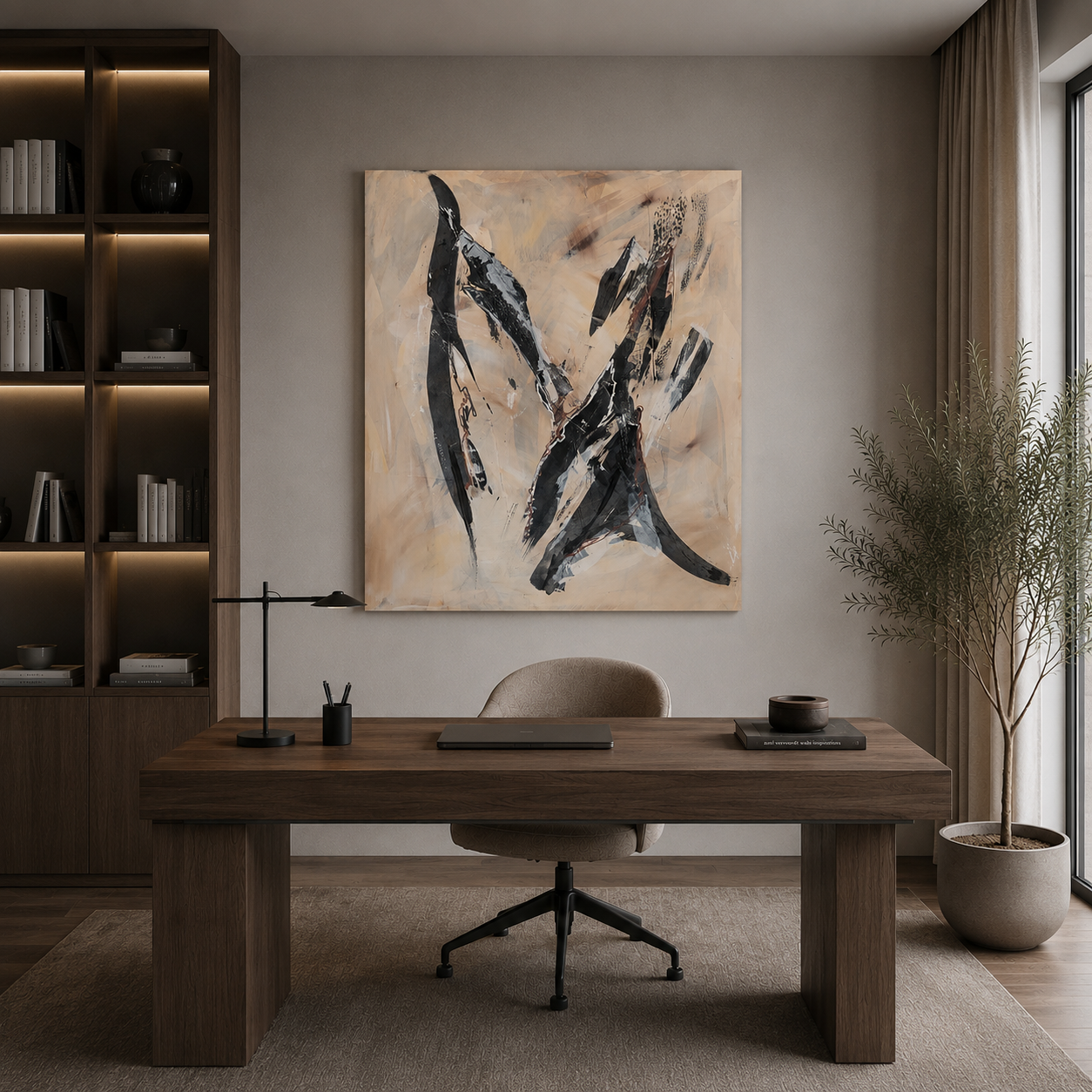 Modern home office featuring a dark wood desk, abstract wall art, and a minimalist bookshelf with lighting.