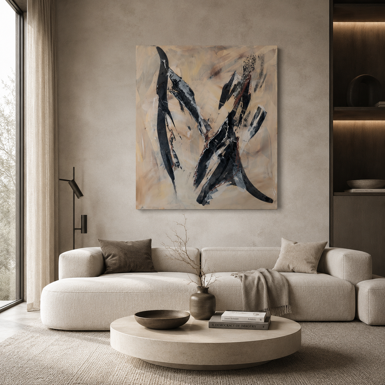 Modern living room featuring a cream curved sofa and large abstract canvas wall art in neutral tones.
