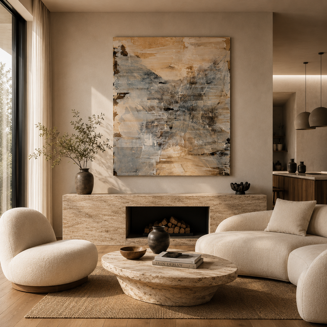 Modern minimalist living room featuring a travertine fireplace, boucle chairs, and large abstract wall art.