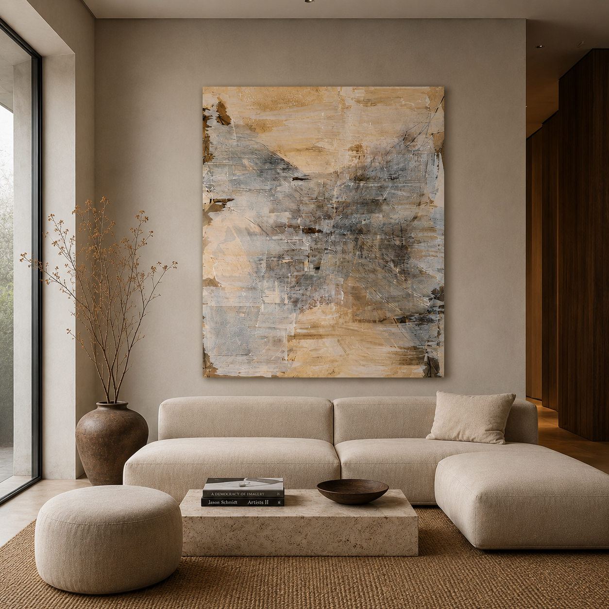 Modern minimalist living room featuring a large abstract canvas painting above a beige sectional sofa.