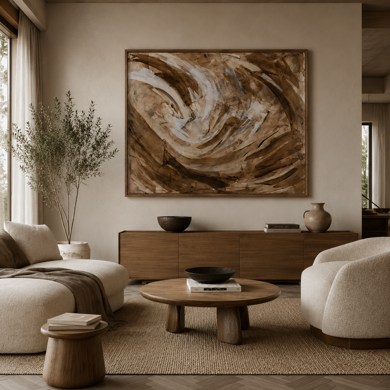Modern living room featuring a large abstract wall painting, wooden sideboard, and cream-colored boucle chairs.