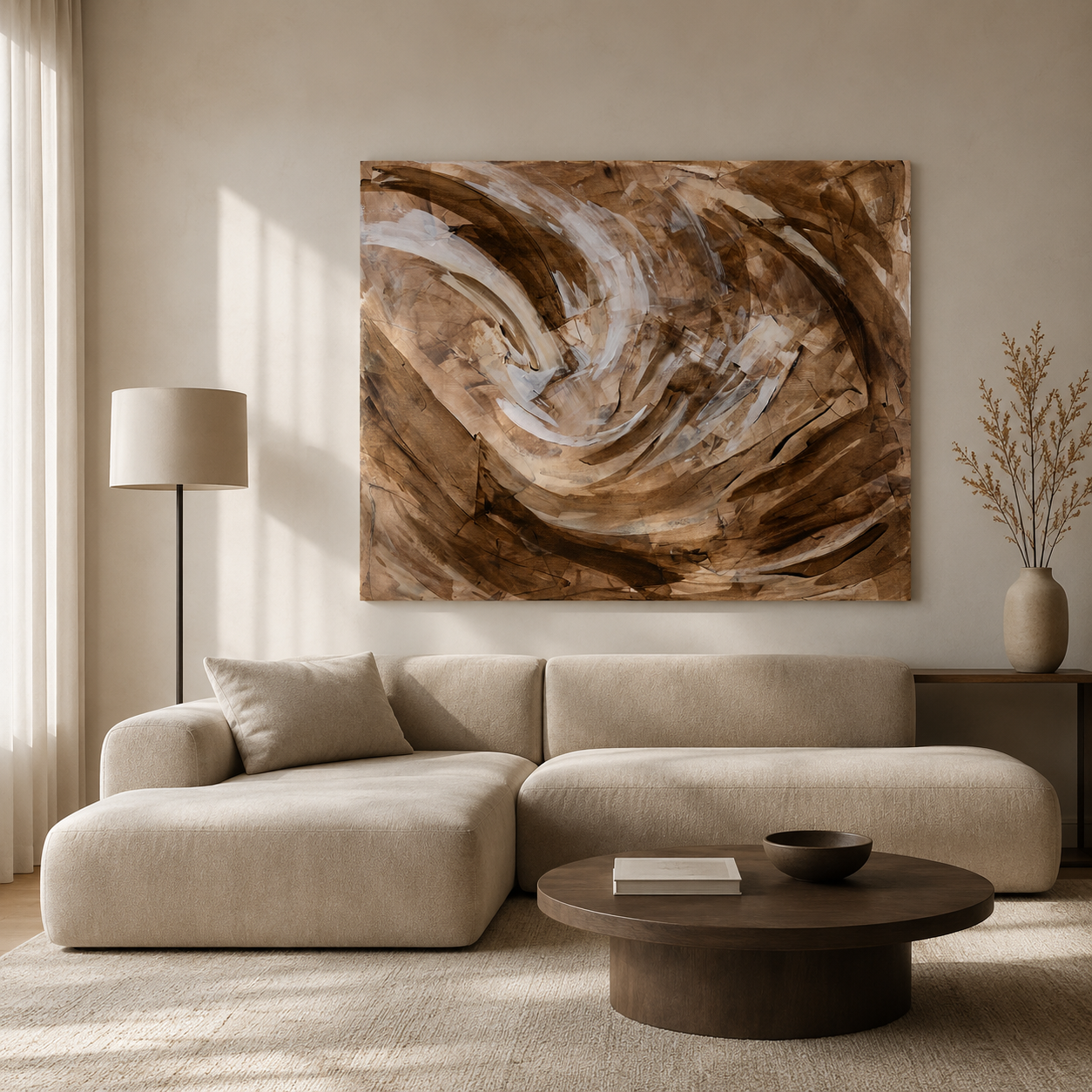 Modern minimalist living room featuring a beige sectional sofa and large brown abstract wall art.