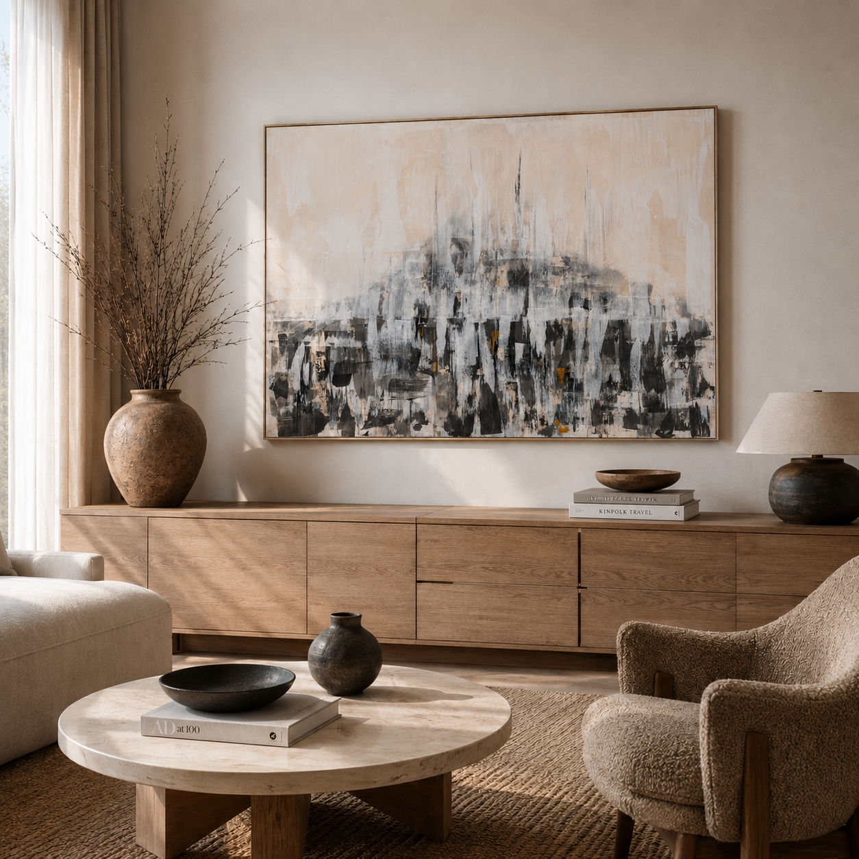 Modern minimalist living room featuring a large abstract painting above a wooden sideboard and travertine coffee table.