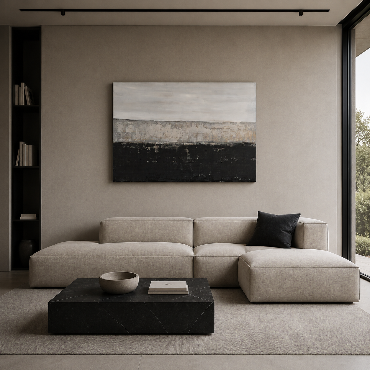 Modern minimalist living room featuring a beige modular sofa and black marble coffee table.