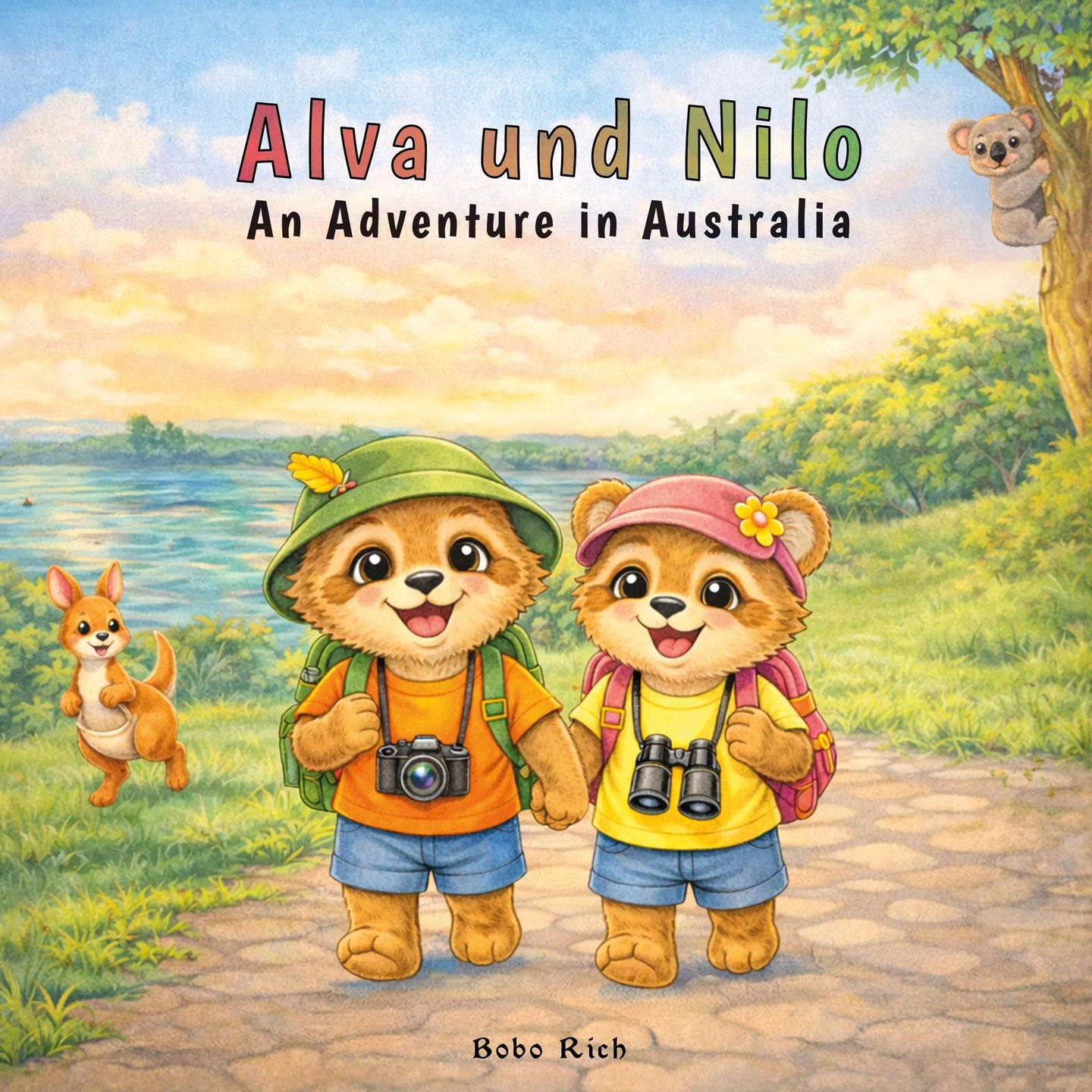 Book cover of Alva and Nilo An Adventure in Australia: Alva and Nilo walking hand in hand.