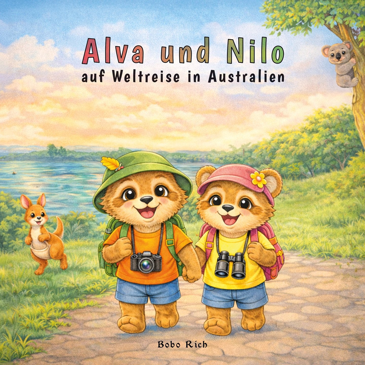Buchcover Alva und Nilo auf Weltreise in Australien:  Alva und Nilo laufen Hand in Hand.