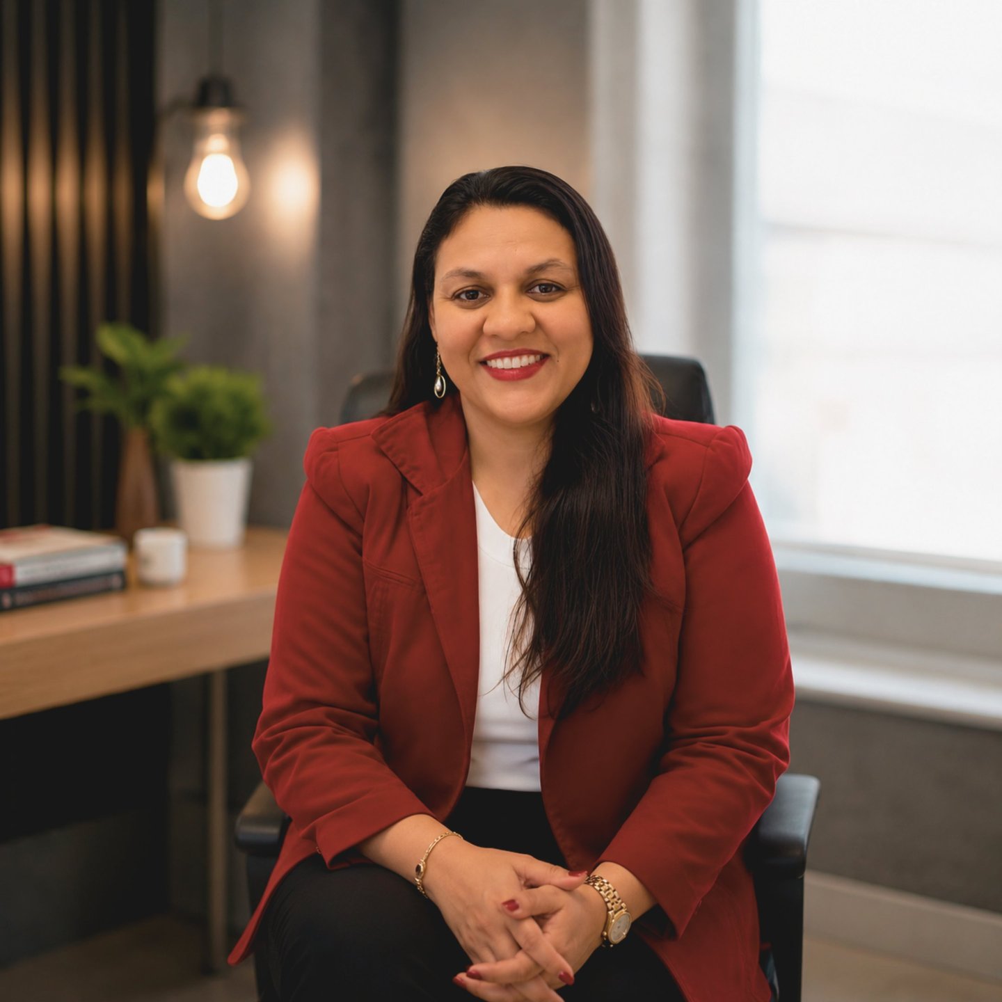 Psicopedagoga Regiane Oliveira sorrindo, de blazer vermelho, sentada em um consultório na Clínica Granata.