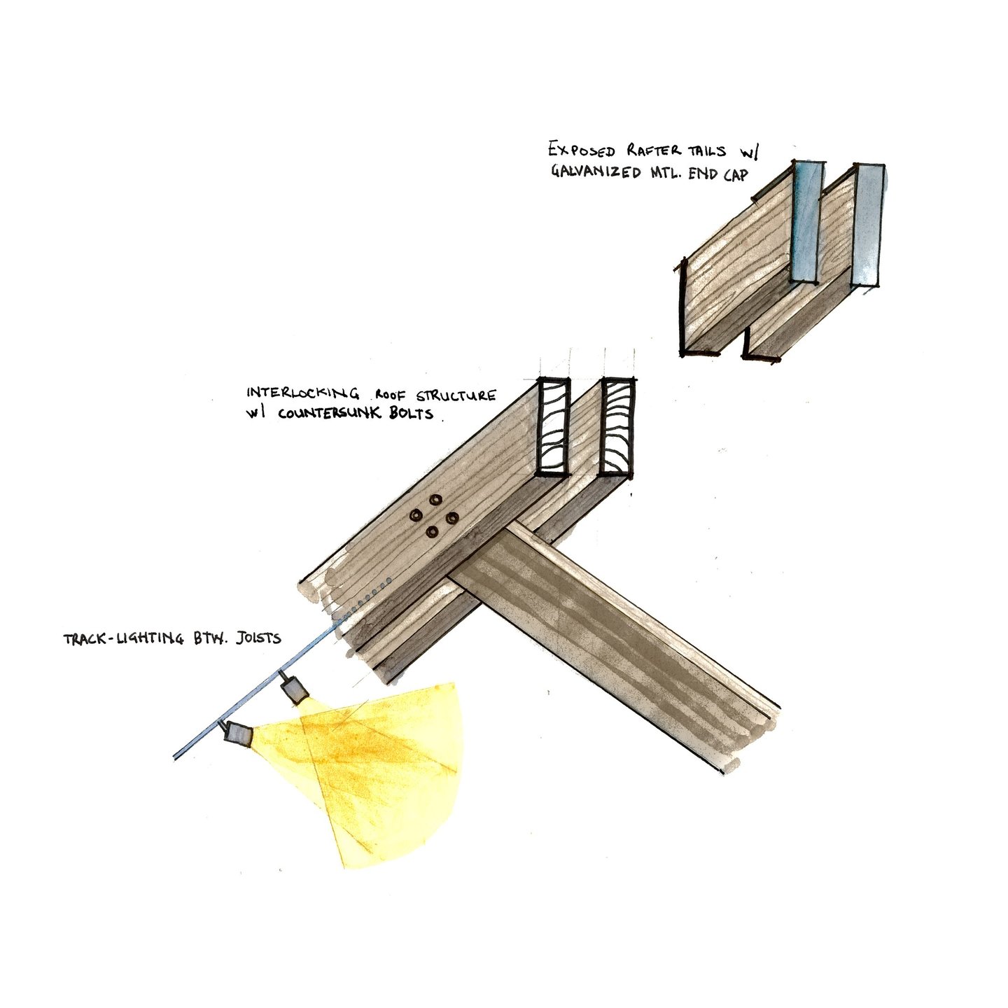 A detail sketch of a custom wood structure with integrated track lighting