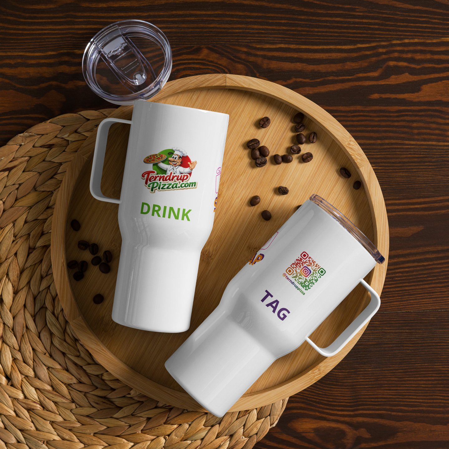 Branded travel mugs set showing hospitality merchandise used for takeaway branding and product sales
