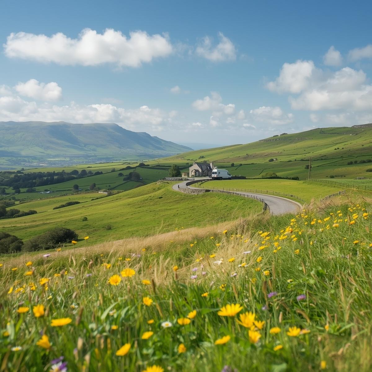 a distant view of a rural property with a house clearance van parked to the side