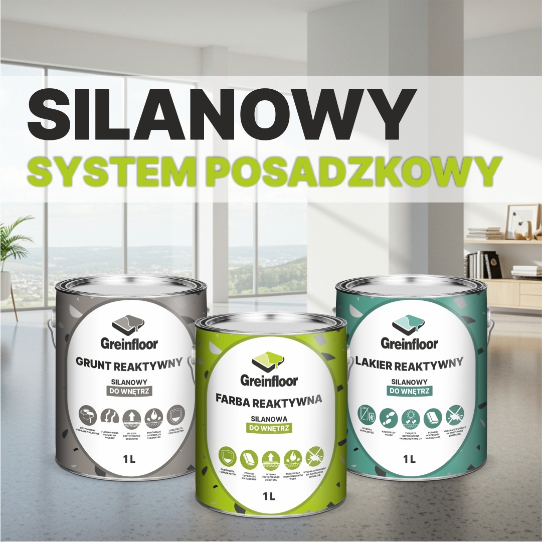 System posadzek silanowych Greinfloor z gruntem reaktywnym, farbą i lakierem do wnętrz.