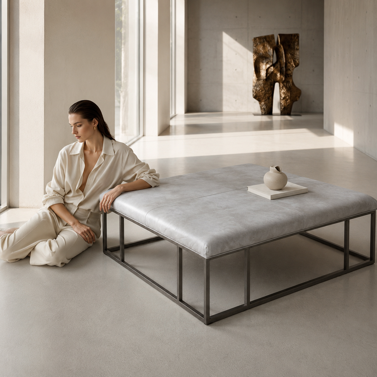 A woman leans against a modern gray leather ottoman in a minimalist luxury room.