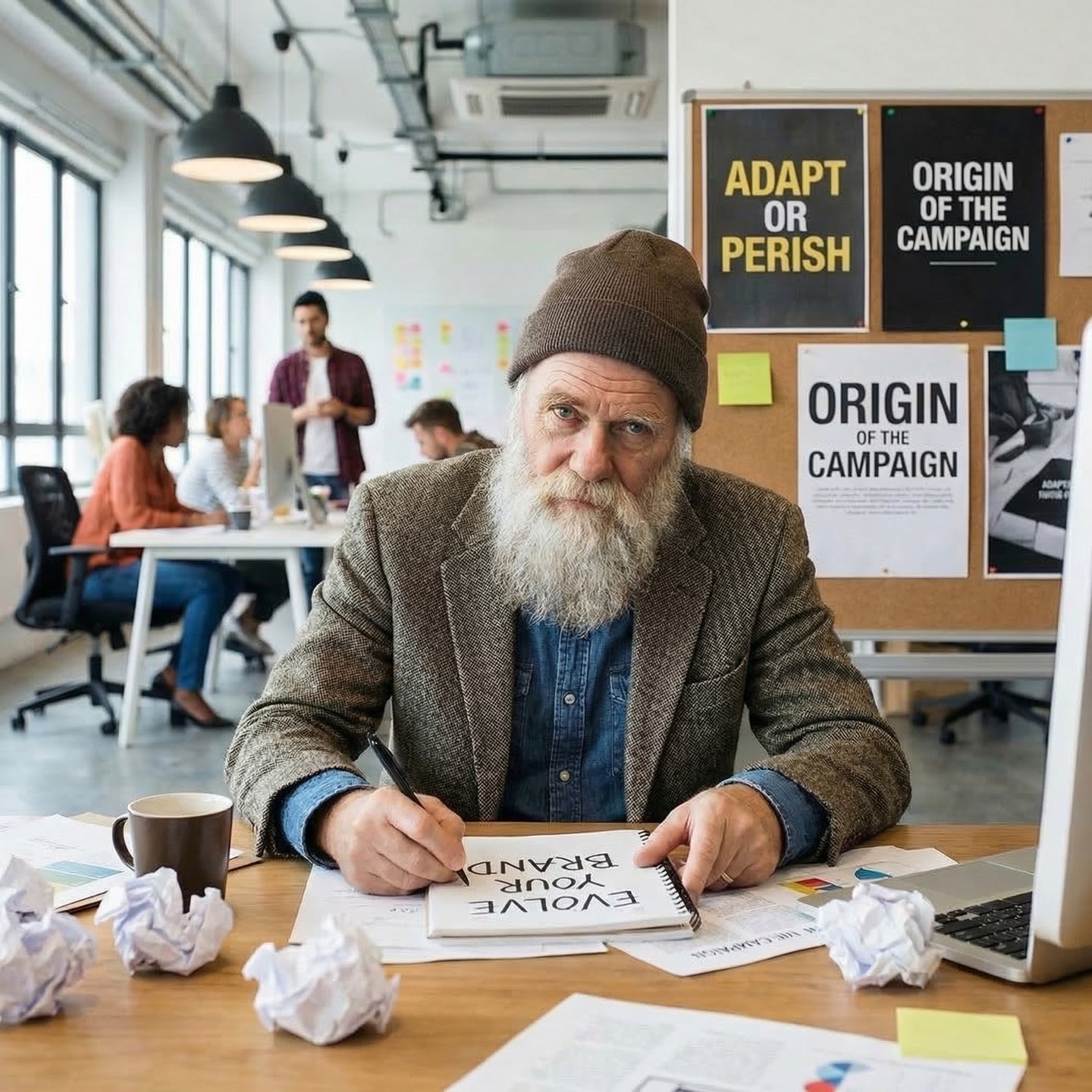 Darwin Senior branding consultant in a creative office writing Evolve Your Brand on a notepad.