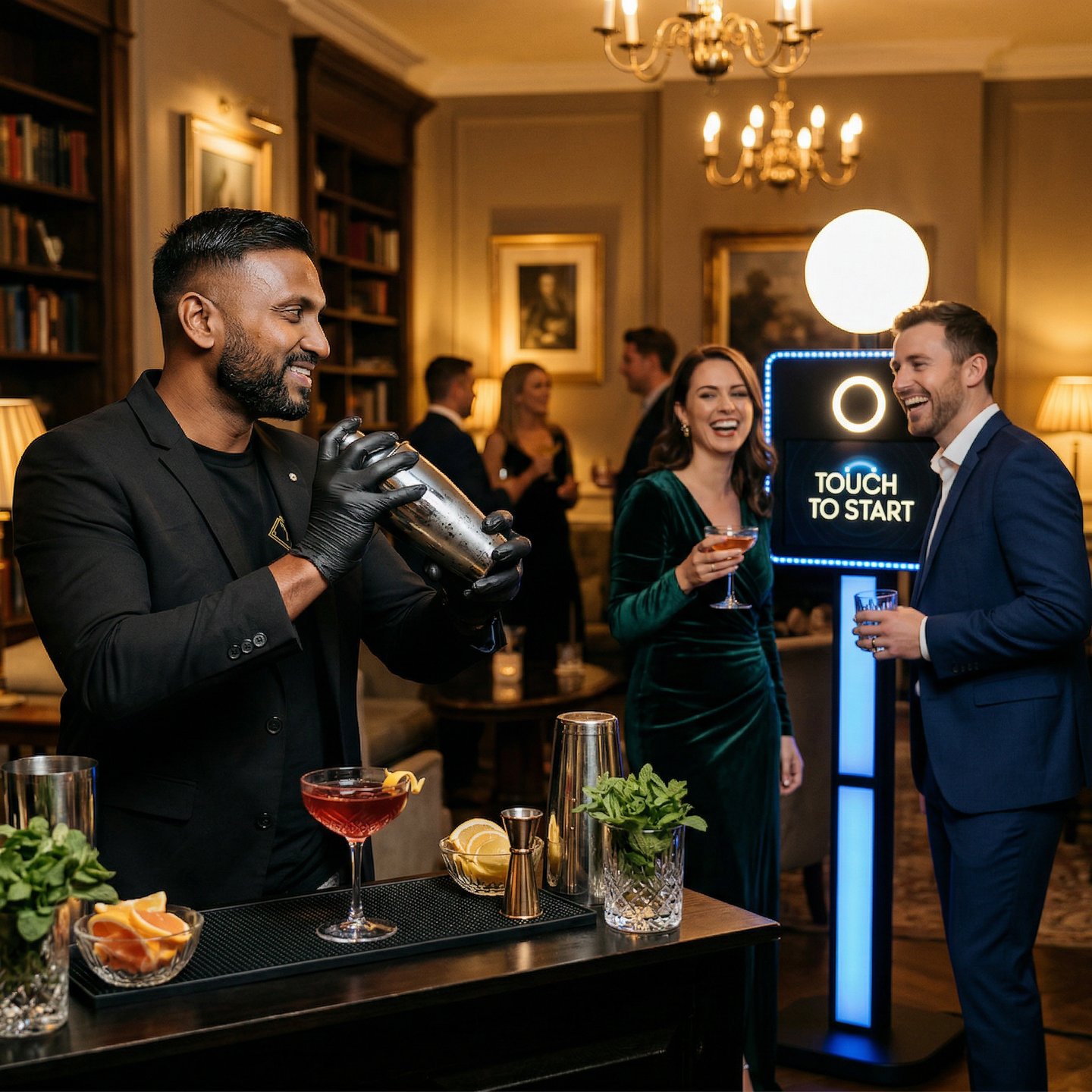 Professional bartender shaking cocktails at an elegant event with guests using a digital photo booth.