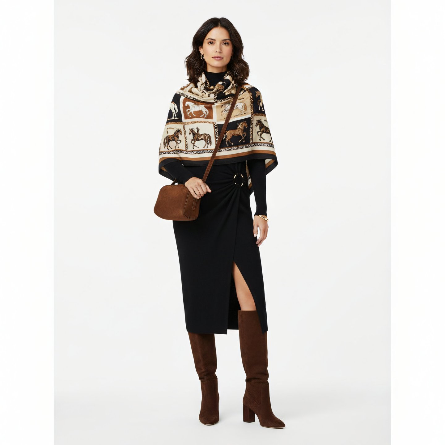 a woman in a midi dress, scarf and boots standing in front of a white background