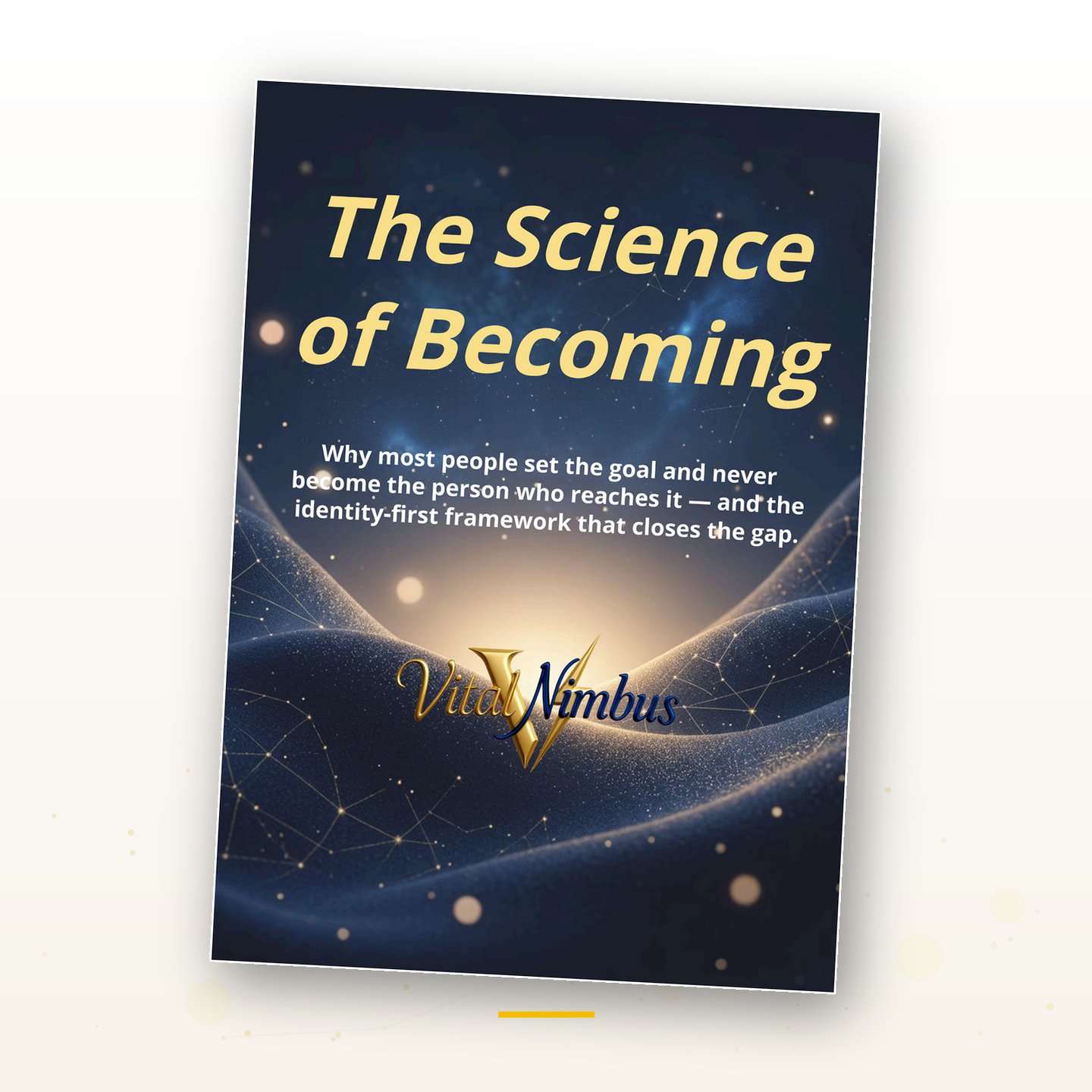 The Science of Becoming book cover featuring Vital Nimbus identity-first framework and cosmic background.