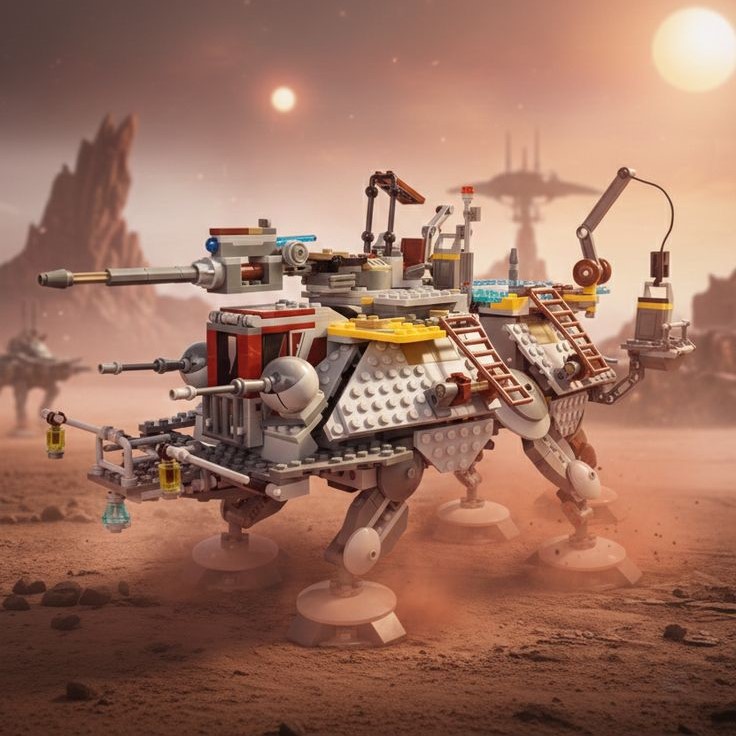 LEGO Star Wars : Sandcrawler Jawa dans le désert avec figurines de R2-D2, C-3PO et Jawas sur le sable.