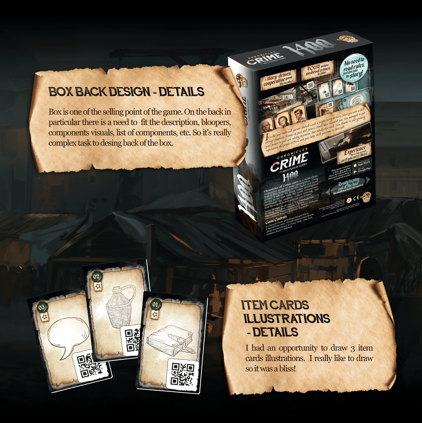 Details of back of the box design. I illustrated some cards.