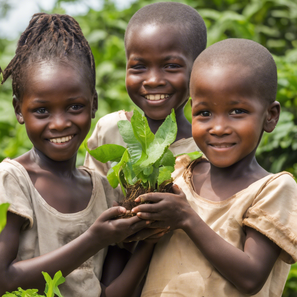 three young children holding a plant in a field