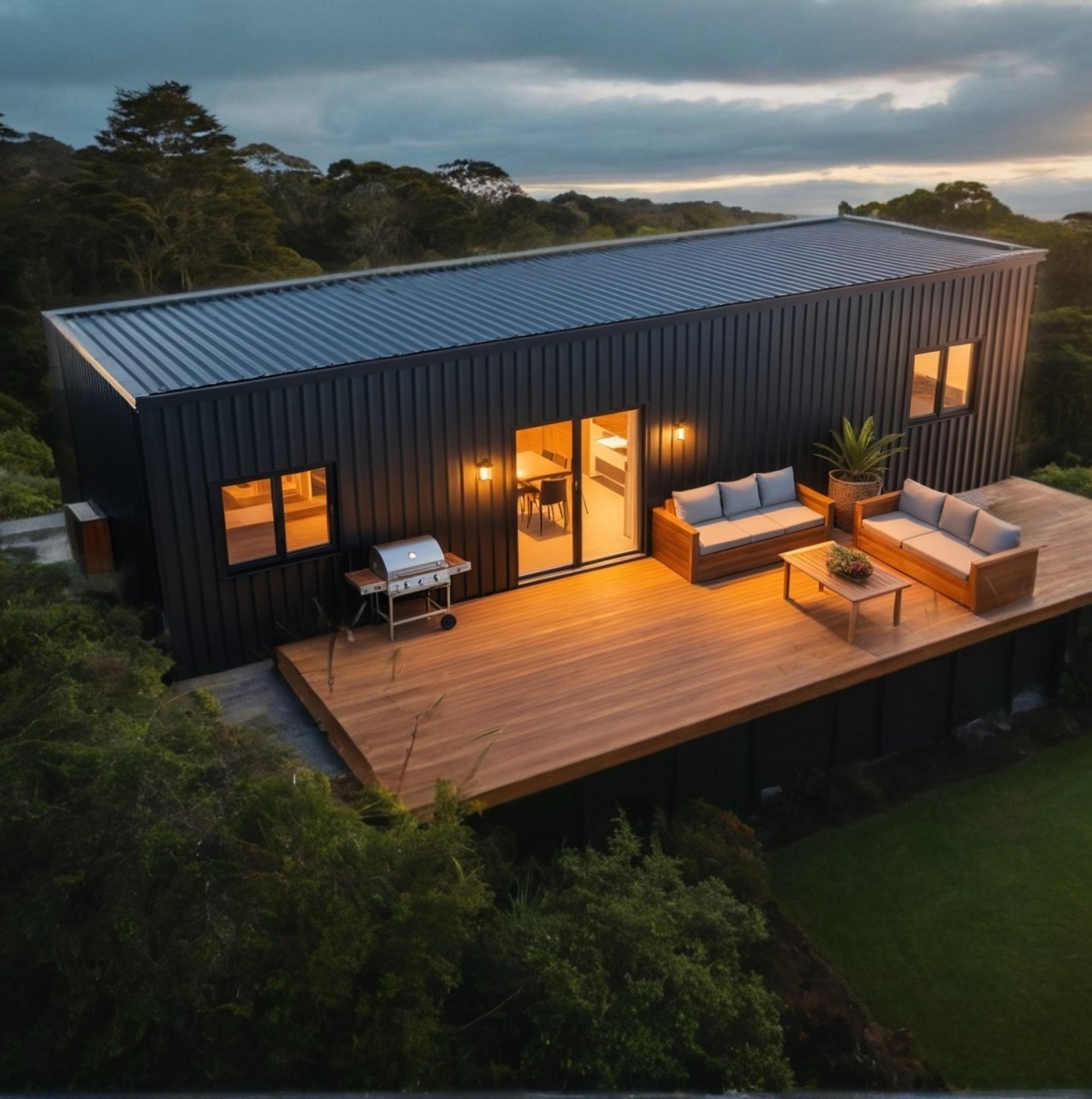 Exterior image of tiny home at dusk