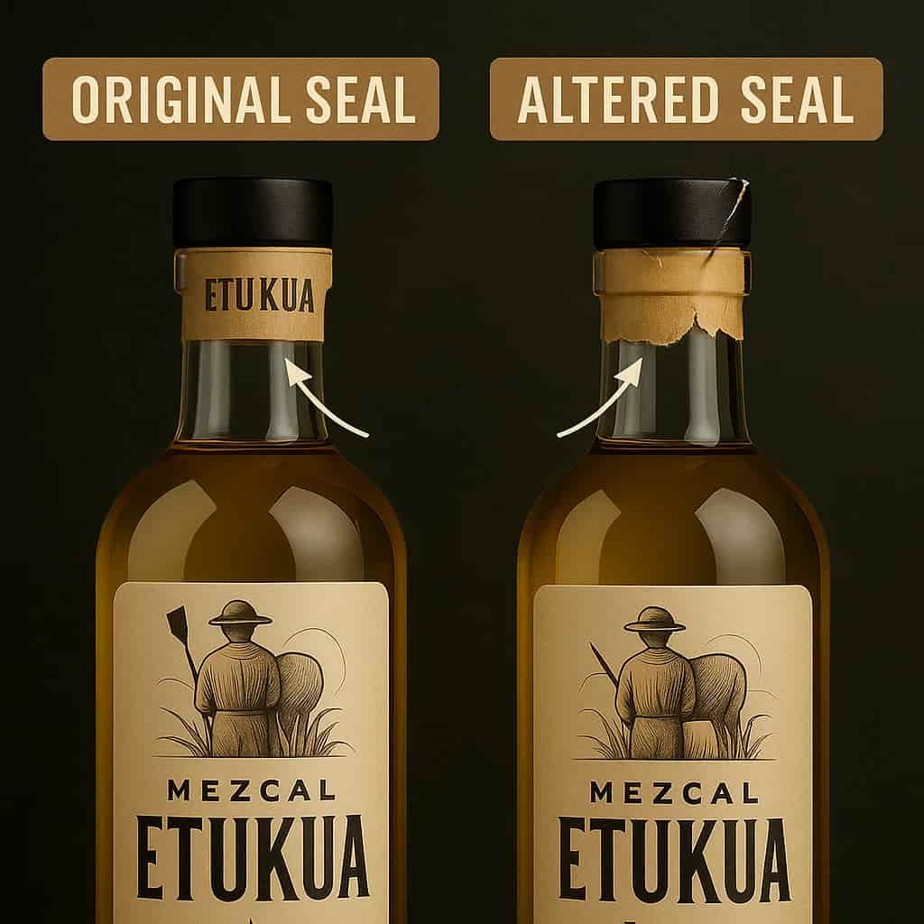 Comparación entre sellado original y alterado en botellas de mezcal