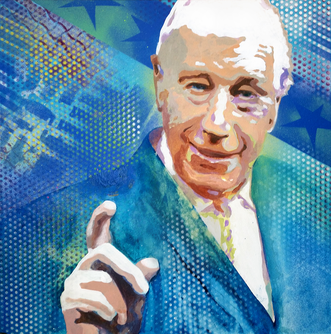 Urban style portrait of a silver-haired man in a suit combined with a blue-green spherical color.