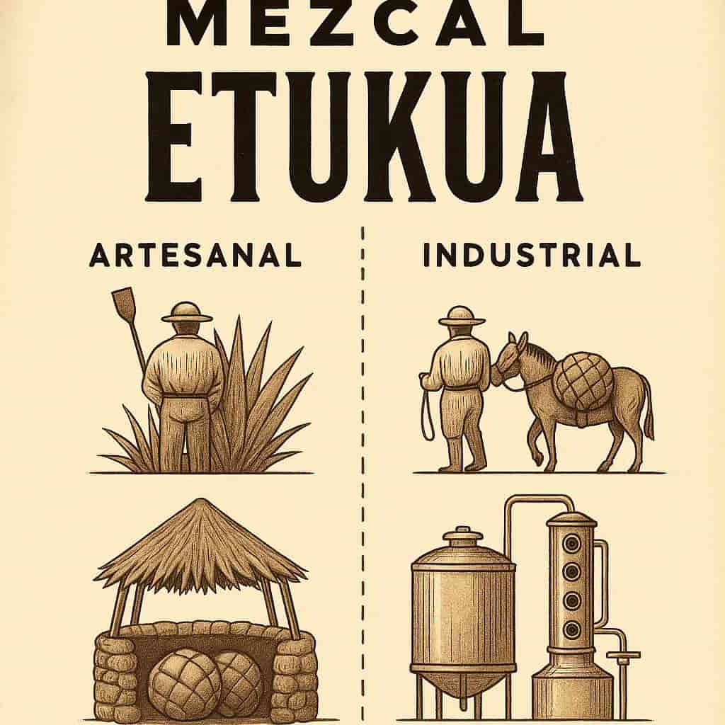 Infografía comparando métodos tradicionales vs industriales en producción de mezcal