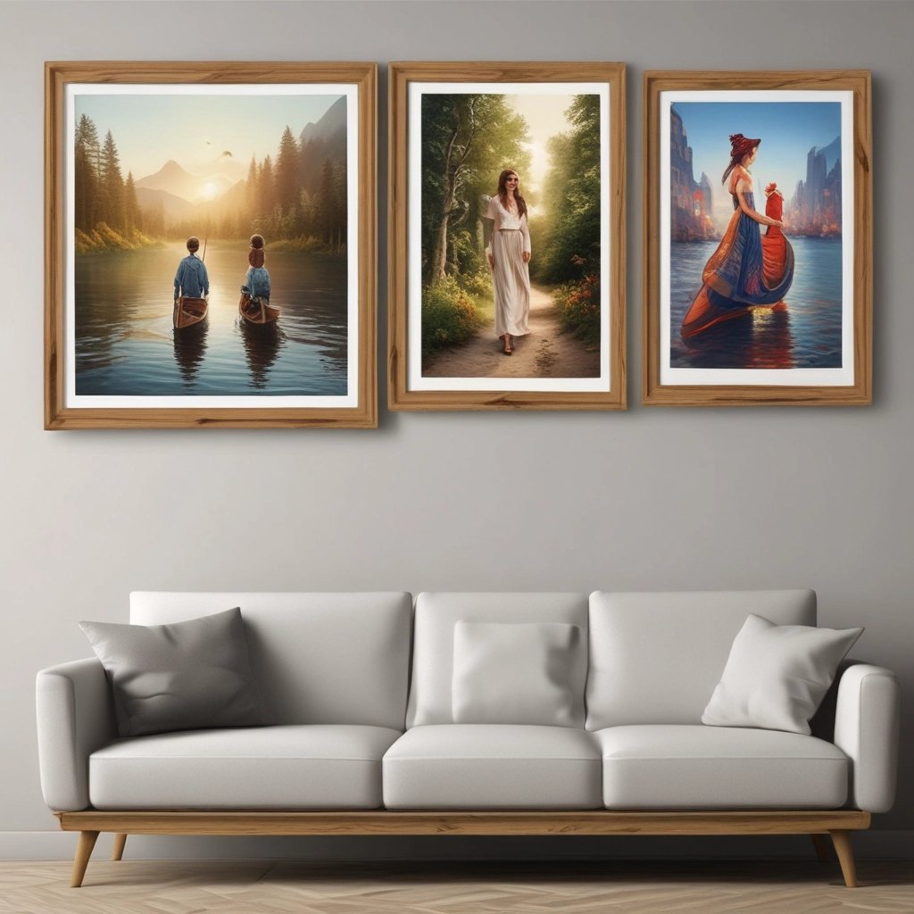 Four framed abstract artworks are displayed on a gallery wall, each with a distinct color theme: red, green, blue, and yellow. The art features intricate, textured patterns and shapes resembling letters or symbols. A person walks in front of the artworks, silhouetted against the light gray wall.
