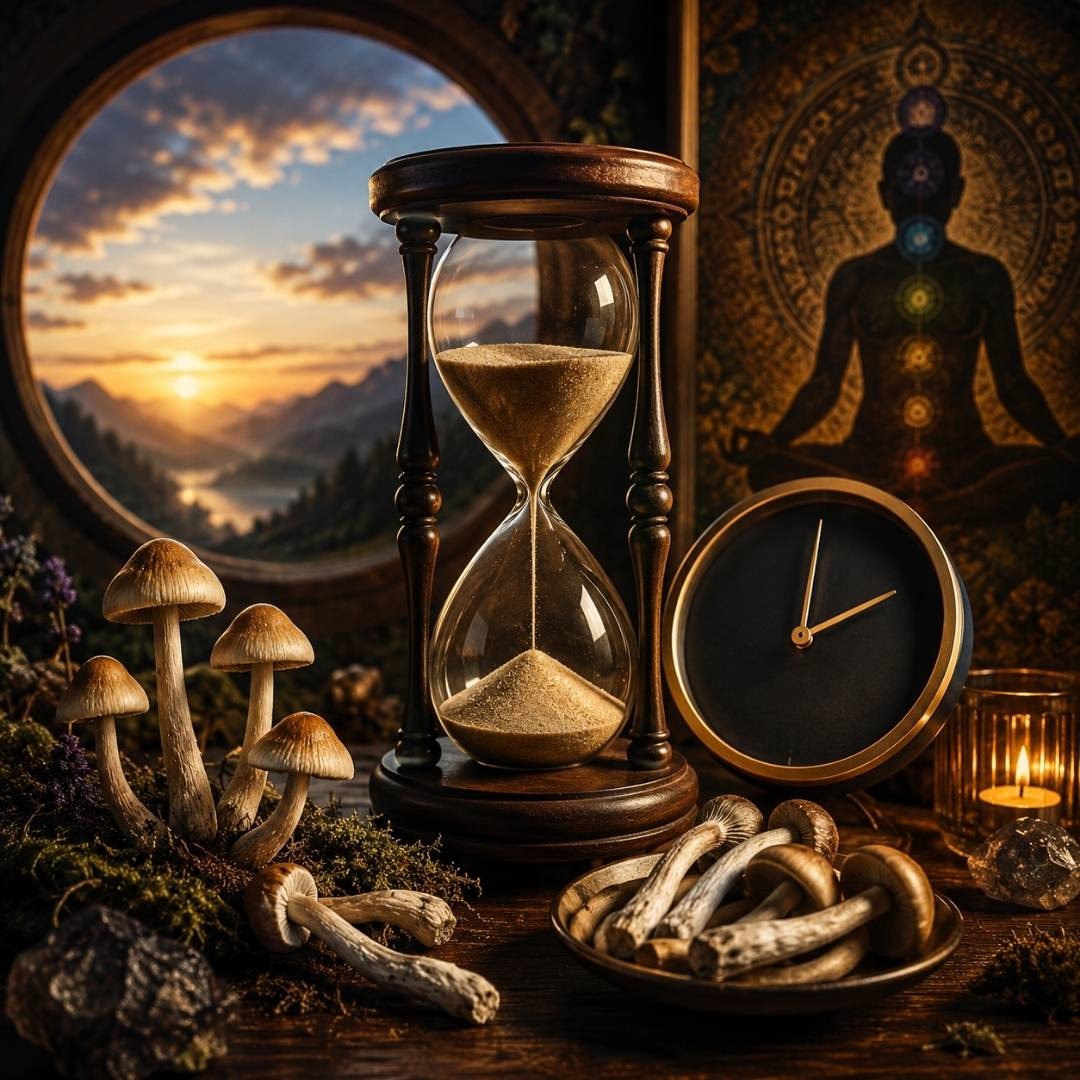 Vintage hourglass and clock with psilocybin mushrooms and a sunset mountain view for meditation.
