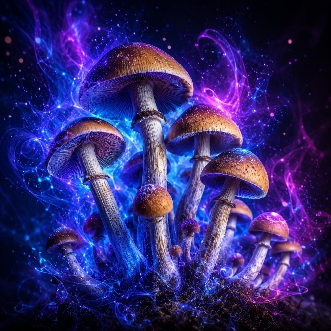 Mystical glowing mushrooms surrounded by magical blue and purple cosmic smoke and sparkles.