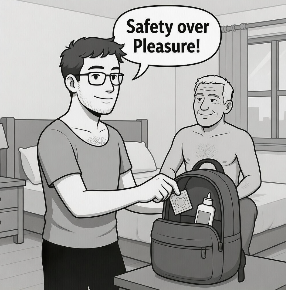 male pulling condom out with another male on sitting on male with wrinkles