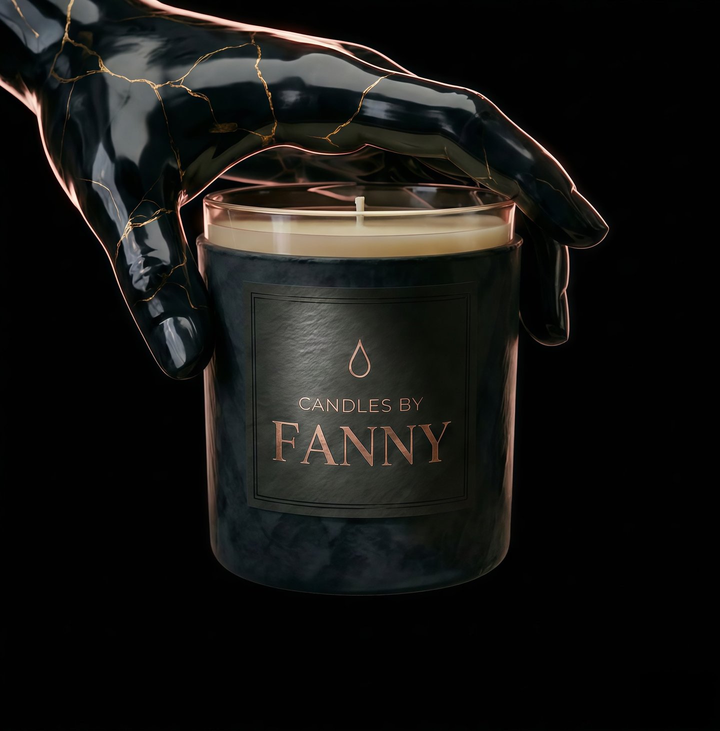 Luxury black marble candle jar held by a gold-veined kintsugi hand against a dark background.