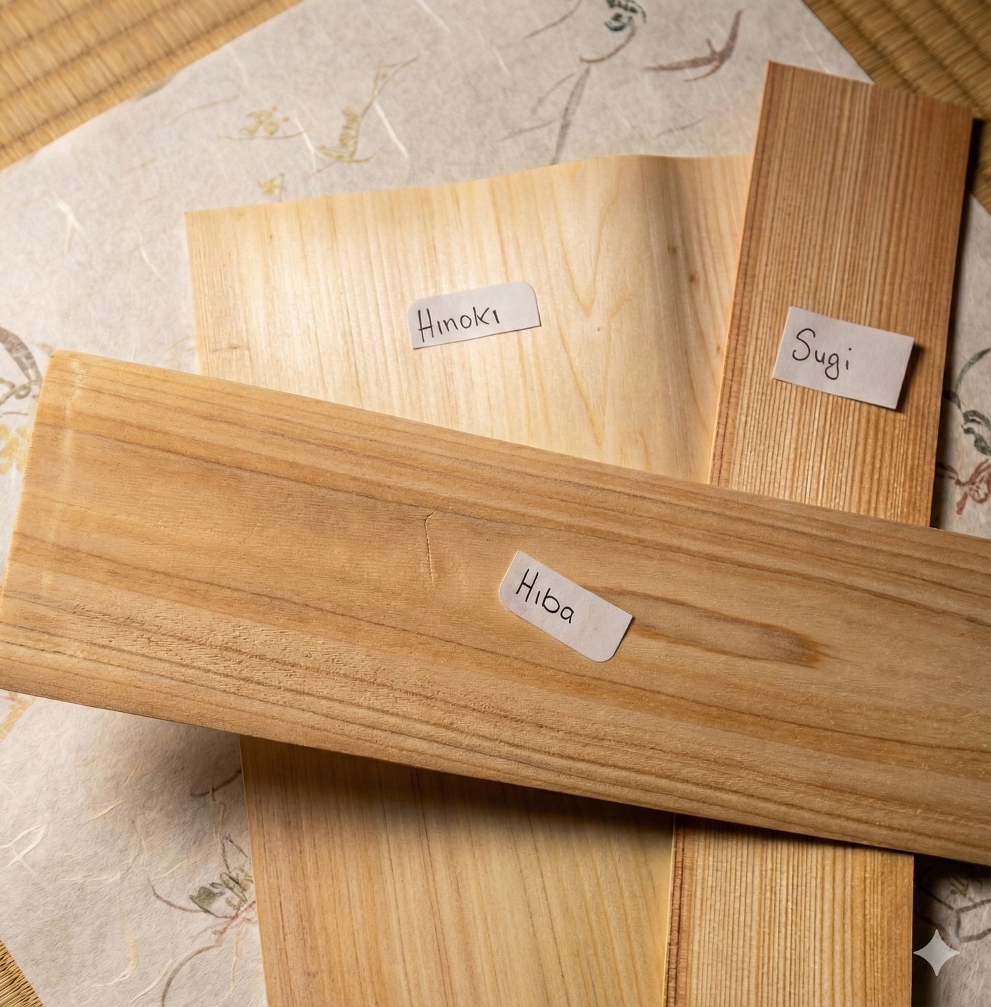 Samples of Hinoki, Hiba, and Sugi Japanese wood planks with natural wood grain on a tatami mat.