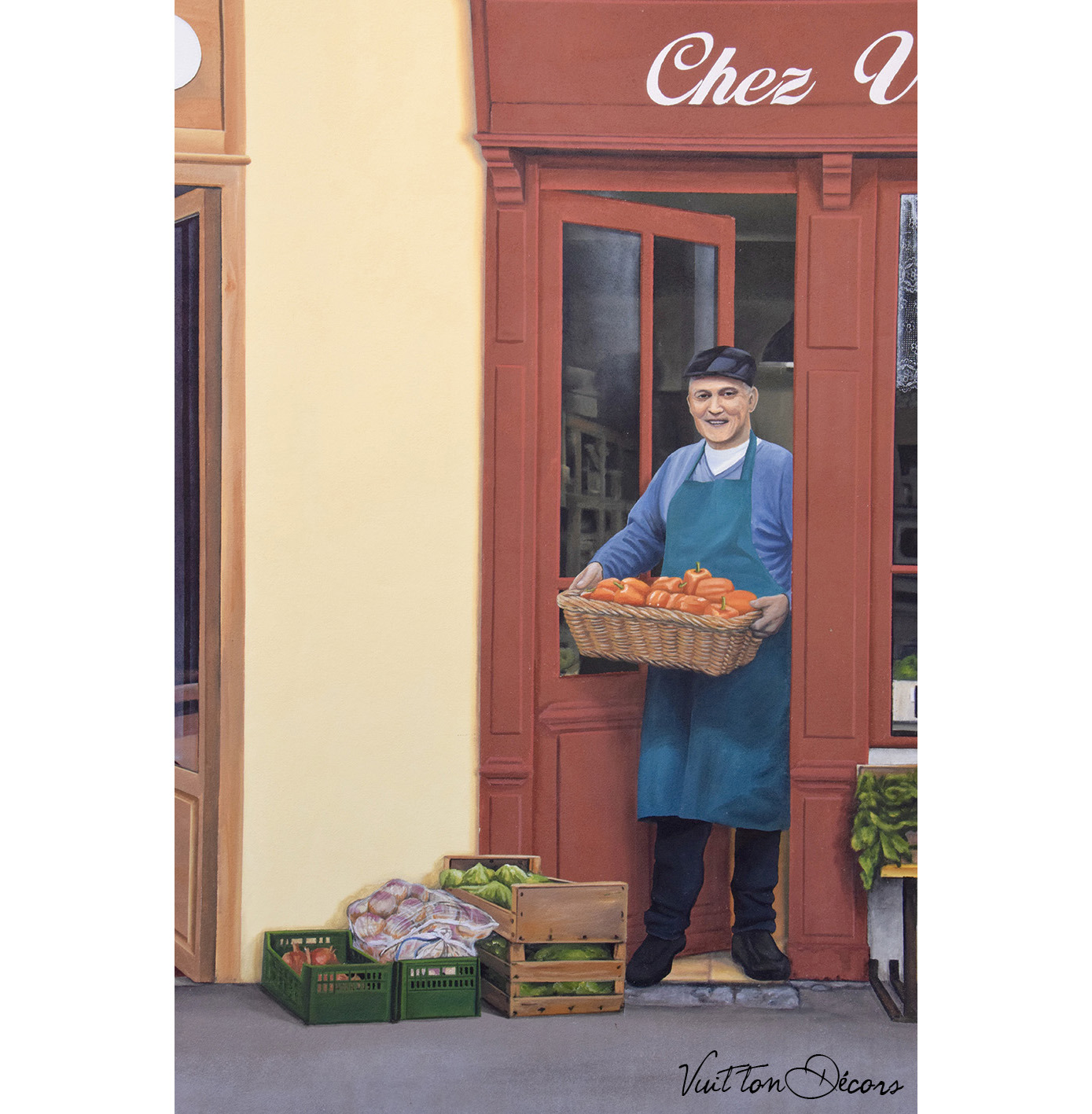 Détail d'une fresque sur façade: un maraîcher sort de son magasin avec un panier de légumes. Jura 39