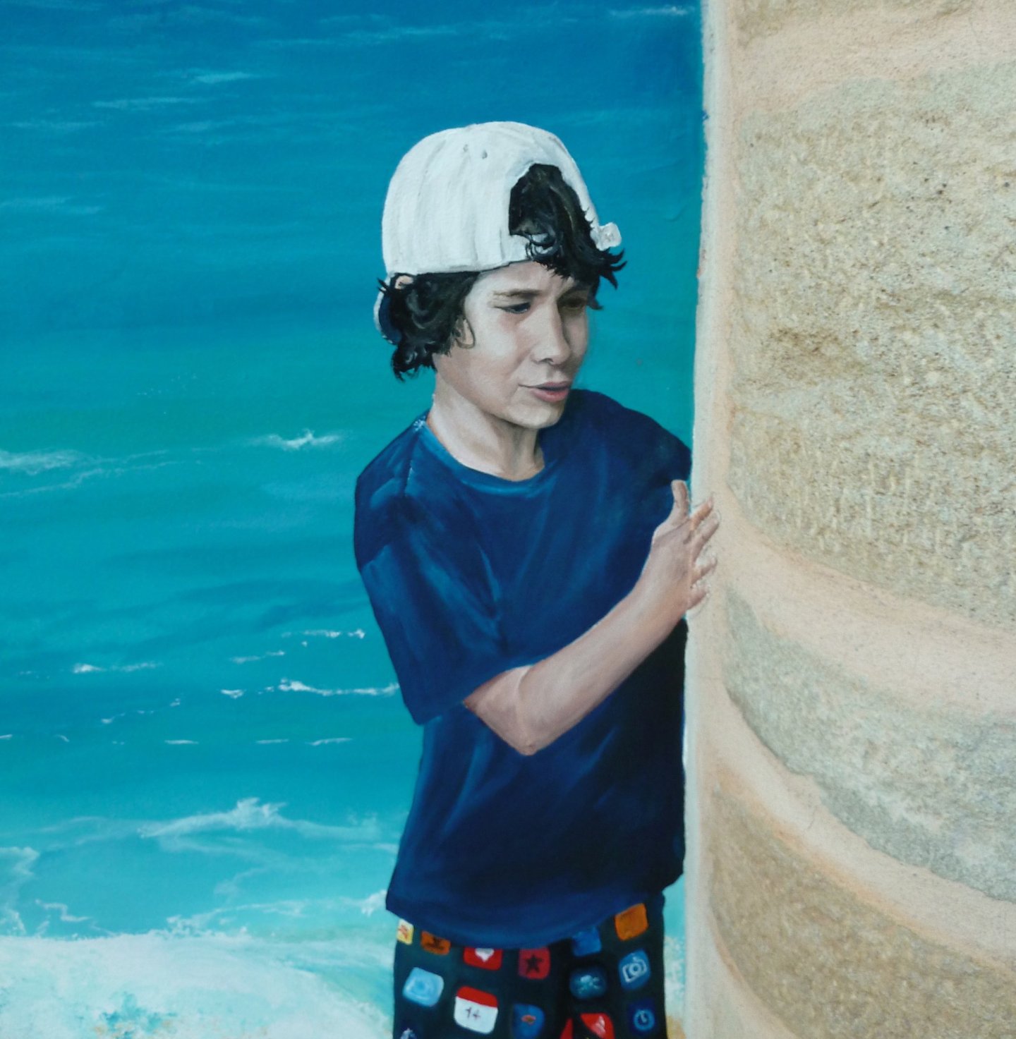 Portrait d'un garçon, avec une casquette, peint dans une fresque murale. Saône et Loire, 71.